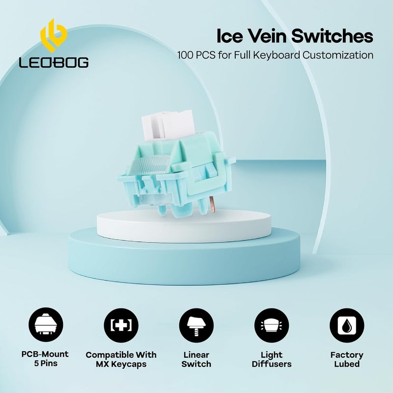 MechLands LEOBOG Ice Vein 100 Pcs 42gf Linear Keyboard Switches, Pre-Lubed 5-Pin Switch with POM Stem, Light Diffuser for Mechanical Gaming Keyboard, Compatible with MX Keycaps - Image 2